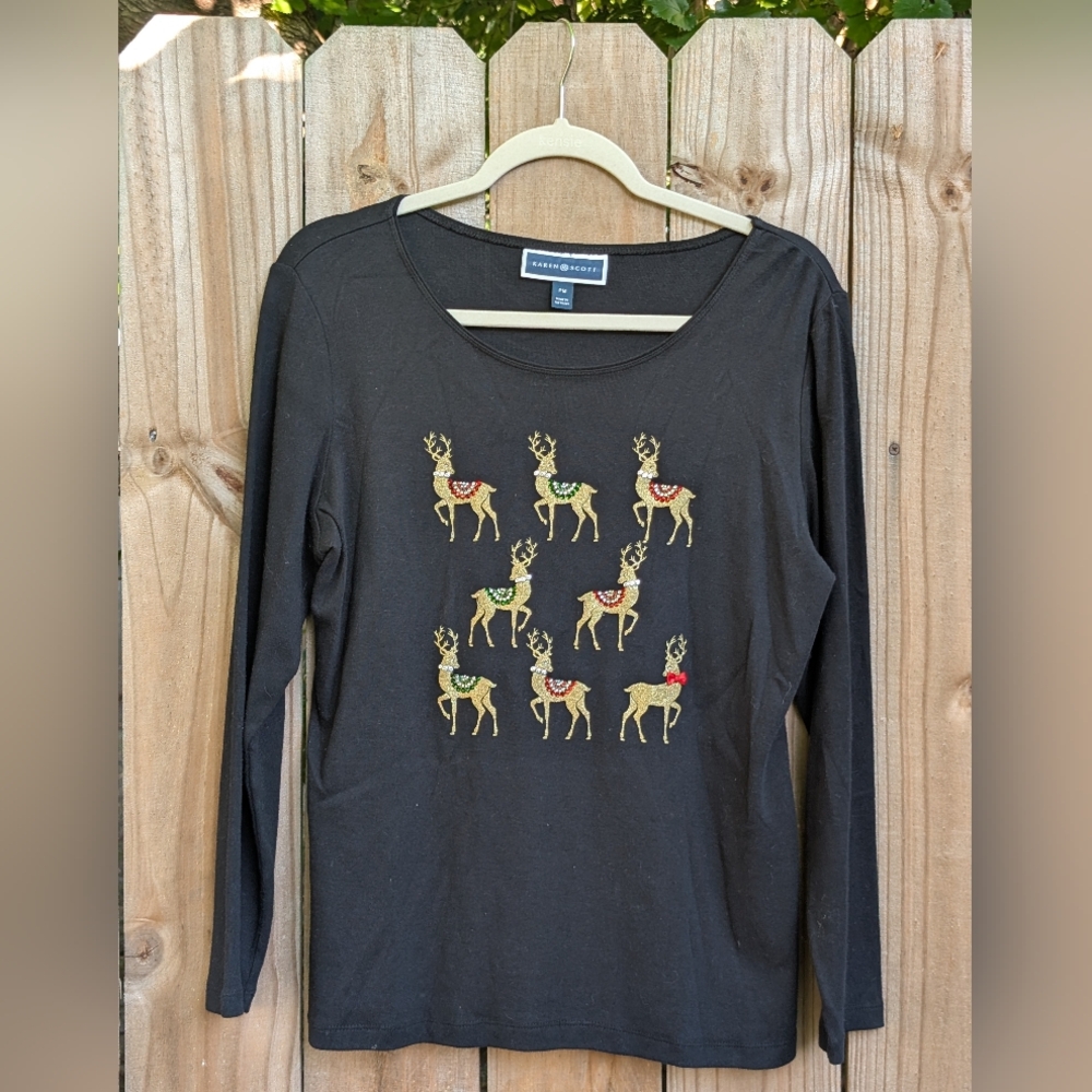 Karen Scott Petite Christmas Holiday Reindeer Embellished Long Sleeve Black Top